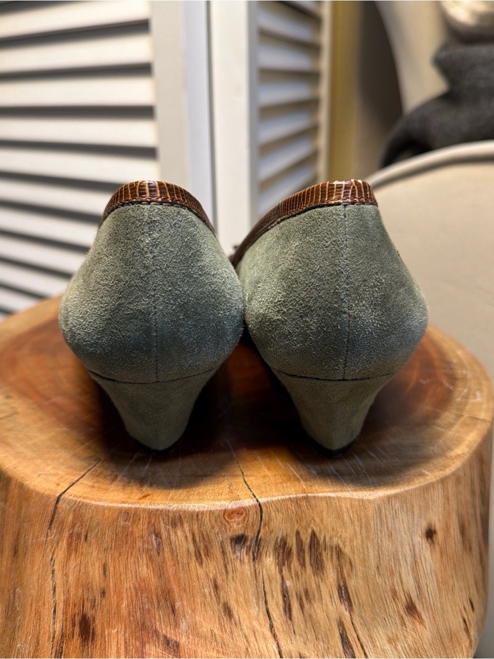 Pointed Toe Women's Flats in Olive Green with Brown Trim - Picture 5 of 6